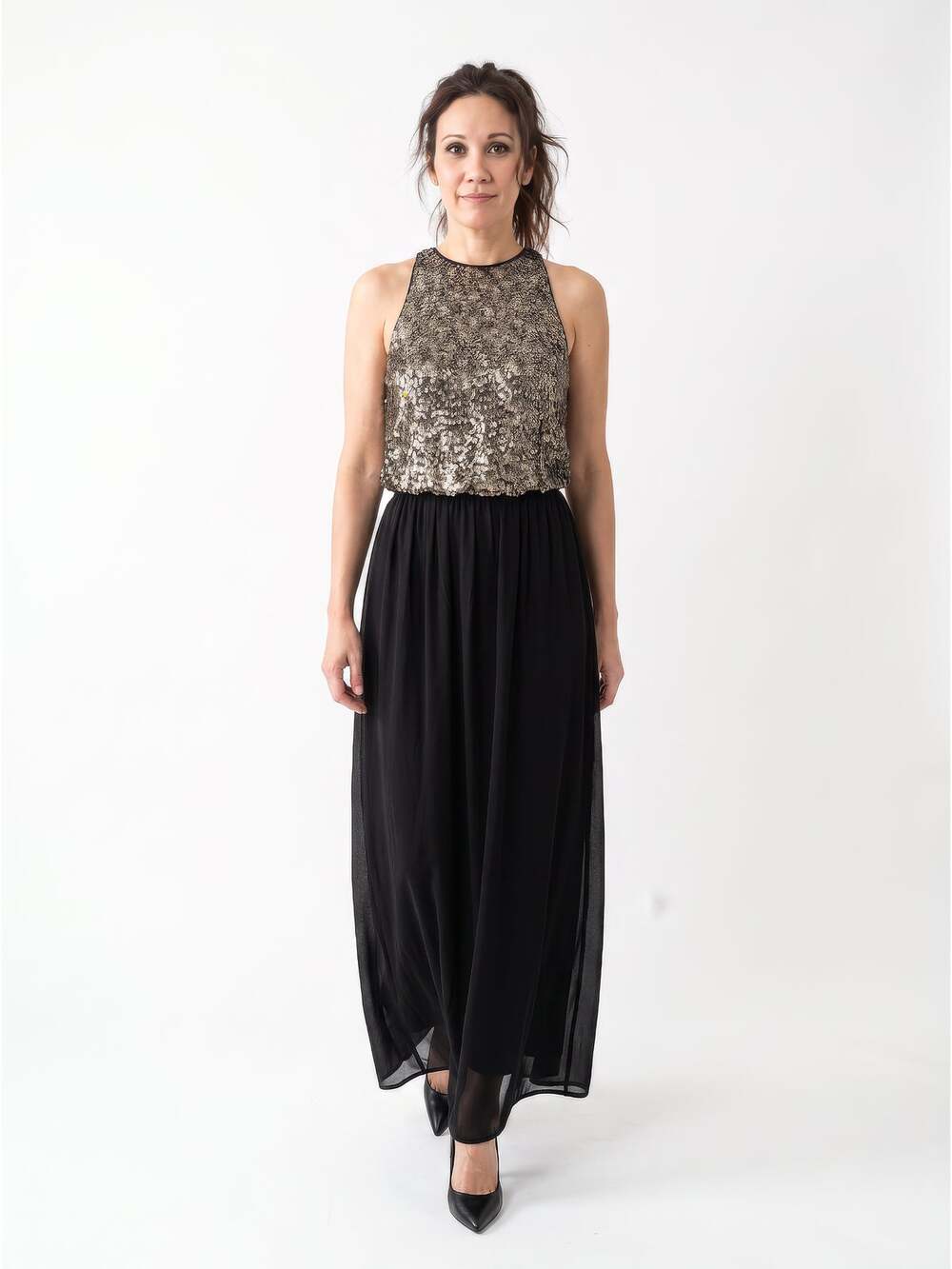 ALI & JAY 2 PC. Confetti Sequins Top & Black Maxi Skirt Set Outfit XS/S